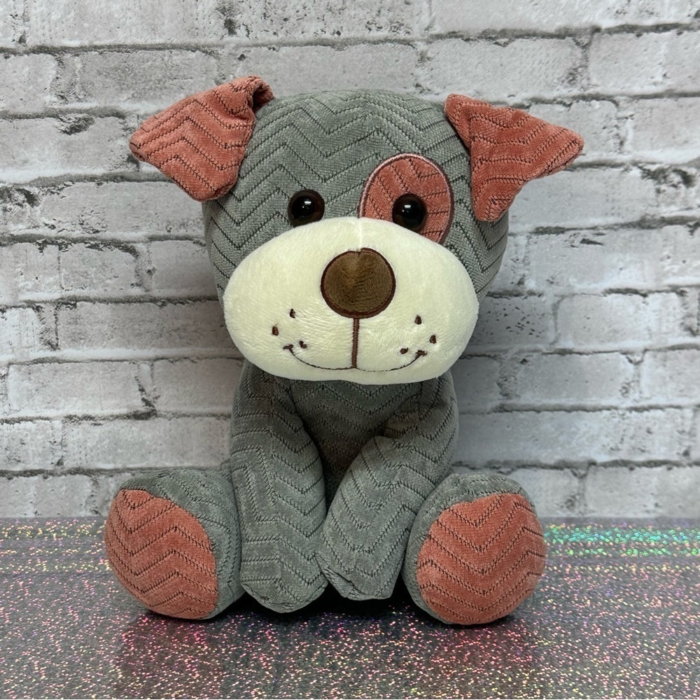HUGFUN Gray Pink Chevron Spotted Eye Dog Puppy Stuffed Animal Plush 9 in.